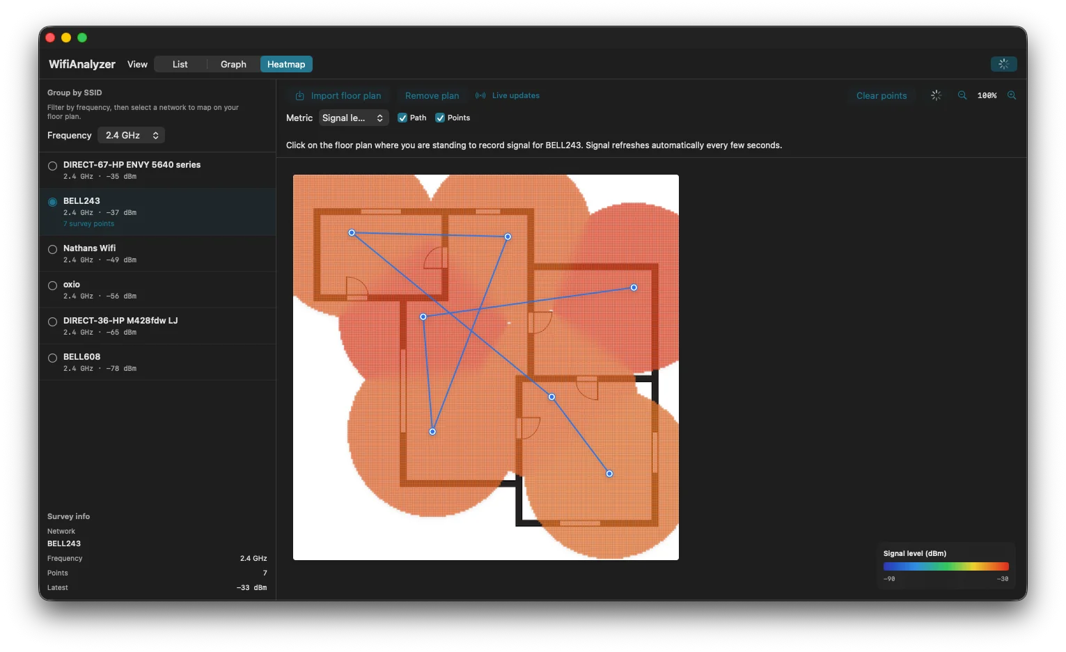 WifiAnalyzer heatmap view showing WiFi signal strength mapped on a floor plan with survey points and path